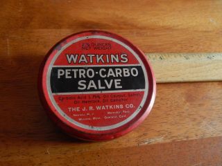 The Jr Watkins Co.  [2 7/8oz] Petro - Carbo Salve Metal Tin W/ Ointment Vtg Rx Usa