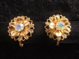 Vintage Pastel Ab Rhinestone Filigree Back Layered Flower Sb Earrings Gold Tone