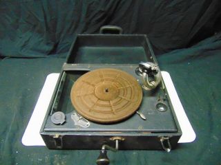 Vintage Wind Up Record Player Portable In Suitcase W Speaker Phone Black Color