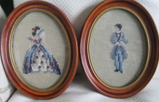 Needlepoint Pair Completed Victorian Gentleman & Lady In Vtg Oval Wood Frames