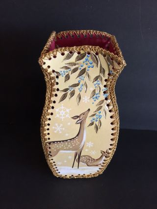 Vintage Christmas Greeting Card Paper Vase Bowl Gold Crochet Handmade