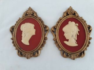 Vintage Set Of 2 Depose Italy Figurine Wall Hanging Plaque Gold Framed Pictures