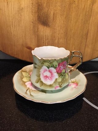 Vintage Lefton Green Heritage Roses Hand Painted Handled Tea Cup & Saucer Set