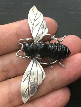 Vtg Hand Made Sterling Silver 925 Brooch Carved Onyx Bumble Bee Design 2.  25 " /5 G