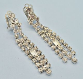 Vintage Earrings 1950s Clear Baguette Crystal Silvertone Drops Bridal Jewellery
