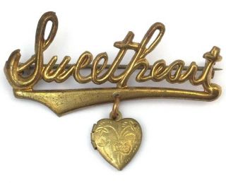 Vintage Sweetheart Brooch Pin Dangling Heart Locket Charm Brass Bronze Metal