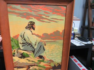 Vintage Paint By Number Jesus Sitting On Rocks By The Sea 15 X 19 Wood Frame