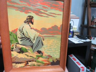 VINTAGE PAINT BY NUMBER JESUS SITTING ON ROCKS BY THE SEA 15 X 19 WOOD FRAME 3