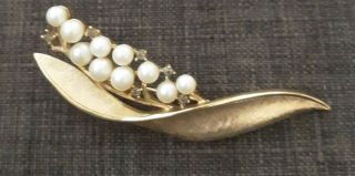 Vintage Crown Trifari Brushed Gold Tone Leaf With Faux Pearls Brooch Pin 3 Inc.