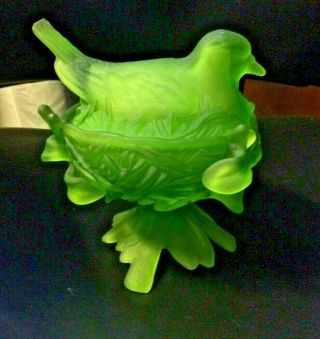 Vintage Westmoreland Bird Nest Covered Candy Dish Green Satin Or Torque Glass
