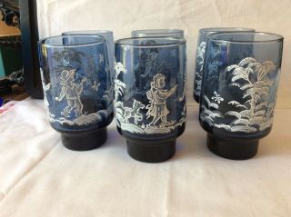 6 Vintage Libbey Mary Gregory Style Hp Boy/girl/dog Blue Drinking Glasses