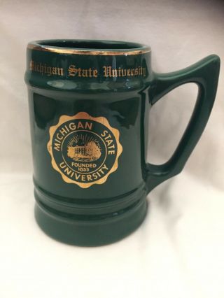 Michigan State University Vintage Ceramic Beer Stein Mug Green Gold Trim