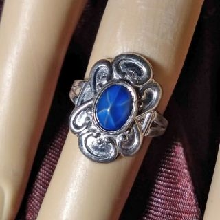 Vintage Signed Uncas Blue Sodalite Gemstone? Art Nouveau Sterling Silver Ring 4