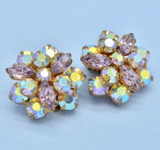 Vintage Earrings 1950s Lilac & Aurora Borealis Crystal Goldtone Bridal Jewellery