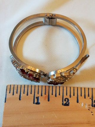 Vintage Red Clear Rhinestone Hinged Bangle Bracelet Wide Chunky Statement 2