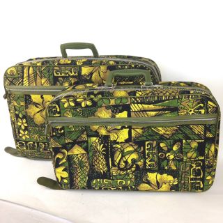 Bantam 1960s Suitcase Luggage Set Of 2 Retro Floral Hawaii Barkcloth Green Vtg