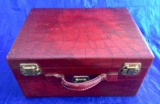 Vintage Red Train Case Make - Up Overnight Luggage Faux Alligator Mirror Cosmetics