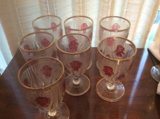 Vintage 7,  3 Iris Herringbone Goblets Clear With Red Glass Ruby Iris