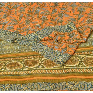 Sanskriti Vintage Orange Saree 100 Pure Crepe Silk Fabric Printed Sari Craft