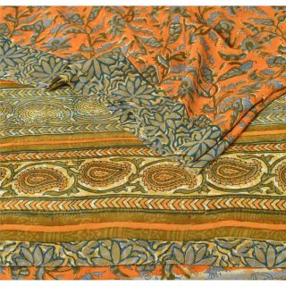 Sanskriti Vintage Orange Saree 100 Pure Crepe Silk Fabric Printed Sari Craft 2