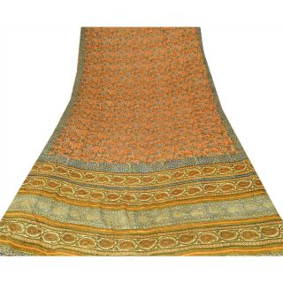 Sanskriti Vintage Orange Saree 100 Pure Crepe Silk Fabric Printed Sari Craft 3