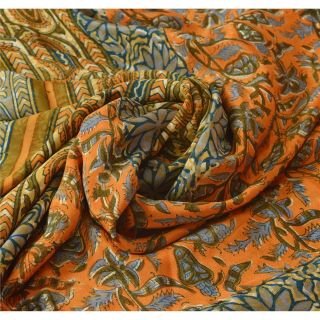 Sanskriti Vintage Orange Saree 100 Pure Crepe Silk Fabric Printed Sari Craft 4