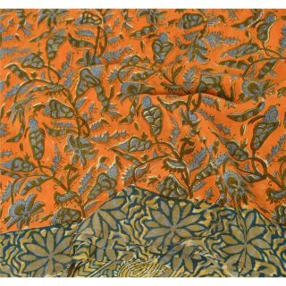Sanskriti Vintage Orange Saree 100 Pure Crepe Silk Fabric Printed Sari Craft 5