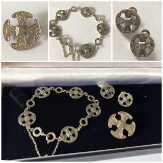 Vintage Jewellery 925 Silver Celtic Cross Brooch Pin,  Earrings & Bracelet 19.  8g