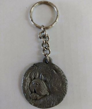 Vtg Rawcliffe Pewter I Love My Chow Chow Puppy Dog Keyring Keychain 80s Face 3d