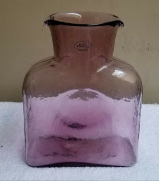 Vintage Blenko Lavender Handblown Glass Double Spout Water Bottle W/ Tag - Euc