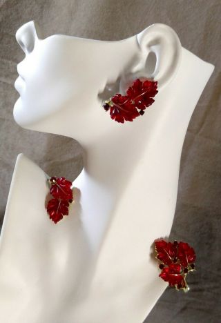 Vintage Lisner Clips Earring Pin Set Red Lucite Leaves Ruby Rhinestones