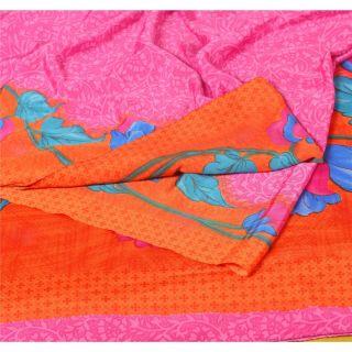 Sanskriti Vintage Pink Saree Blend Crepe Printed Fabric 5 Yard Craft Soft Sari