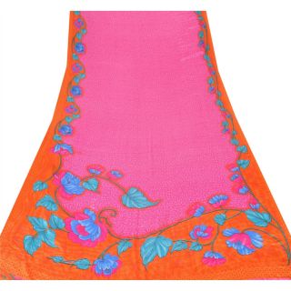 Sanskriti Vintage Pink Saree Blend Crepe Printed Fabric 5 Yard Craft Soft Sari 3