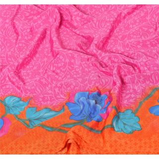 Sanskriti Vintage Pink Saree Blend Crepe Printed Fabric 5 Yard Craft Soft Sari 5