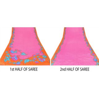 Sanskriti Vintage Pink Saree Blend Crepe Printed Fabric 5 Yard Craft Soft Sari 7