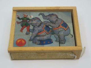 Vtg Klotzli Circus Theme Wooden 12 Cube Puzzle 6 In 1 Seal Lion Elephant Swiss