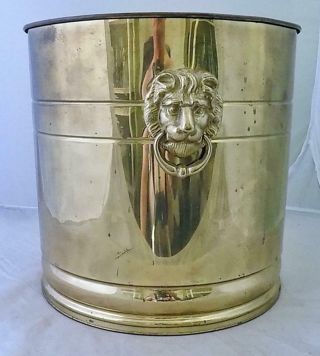 Large Vintage Solid Brass Lion Head Handles Trash Can Wastebasket