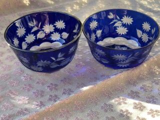 Vintage 2 Bohemian Cobalt Blue Cut To Clear Crystal Small Bowls Floral Design Po
