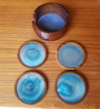 4 Vintage Round Wood Agate Swirl Pattern Coasters With Wood Rims And Holder