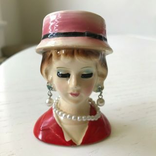 Vintage Ceramic Lady Head Vase Headvase Pearl Earrings Necklace Hat Red Napco?