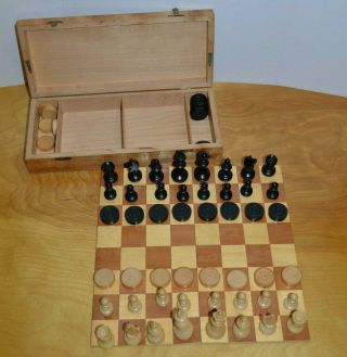 Vintage Chess & Checkers Board Game Set Handcrafted Wood Foldable Board Case