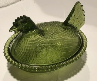 Vintage Indiana Hen on Nest Chicken Green Carnival Glass Covered Dish Candy 2