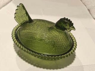 Vintage Indiana Hen on Nest Chicken Green Carnival Glass Covered Dish Candy 3