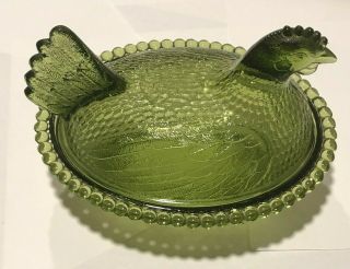 Vintage Indiana Hen on Nest Chicken Green Carnival Glass Covered Dish Candy 4