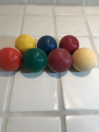 7 VINTAGE RIBBED CROQUET BALLS 3 STRIPES - - 3 & 3.  5” Made by Forster Lawn Bowling 2