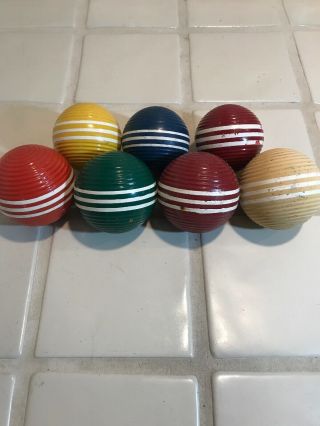 7 VINTAGE RIBBED CROQUET BALLS 3 STRIPES - - 3 & 3.  5” Made by Forster Lawn Bowling 3