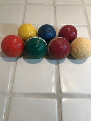 7 VINTAGE RIBBED CROQUET BALLS 3 STRIPES - - 3 & 3.  5” Made by Forster Lawn Bowling 4
