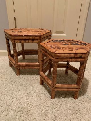 Vtg Asian Style 2 Pc Stacking Wood Rattan Plant Stands Display Risers