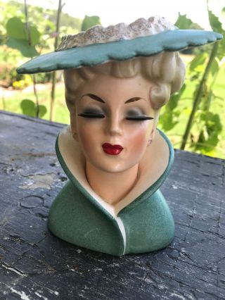 Vintage Blonde Lady Vase Napcoware C3815 Green Hat W/gold Details Red 