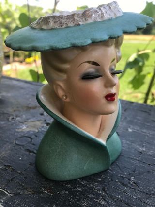 Vintage Blonde Lady vase Napcoware c3815 Green Hat W/Gold Details Red  2